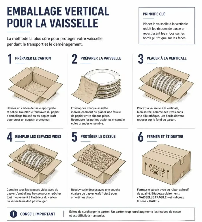 Astuce pour déménager : technique d'emballage vertical pour protéger la vaisselle