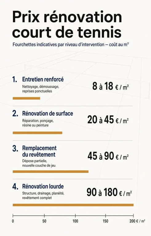 Prix rénovation court de tennis : fourchettes de budget par niveau d’intervention