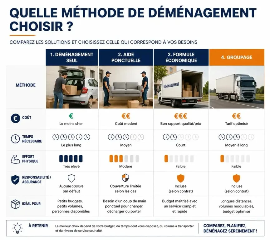 Comparatif des méthodes pour un déménagement courte distance : seul, aide ponctuelle, formule économique ou groupage.