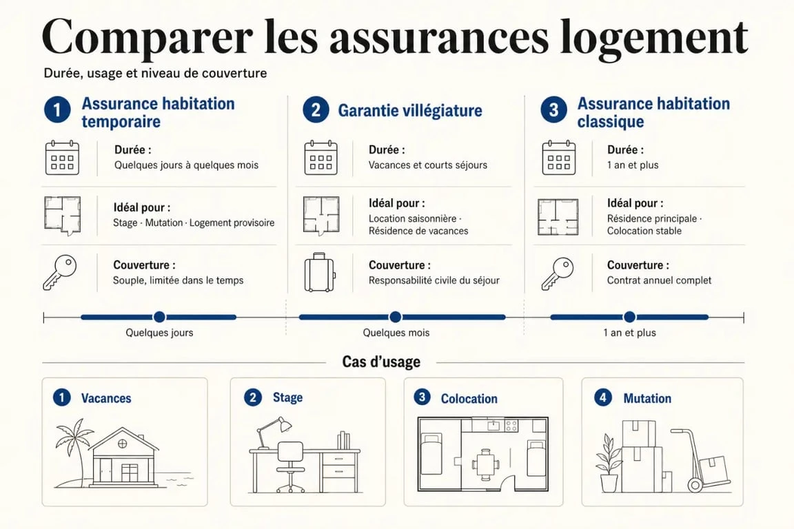 Infographie assurance habitation temporaire comparant durée, usage et obligations selon la situation