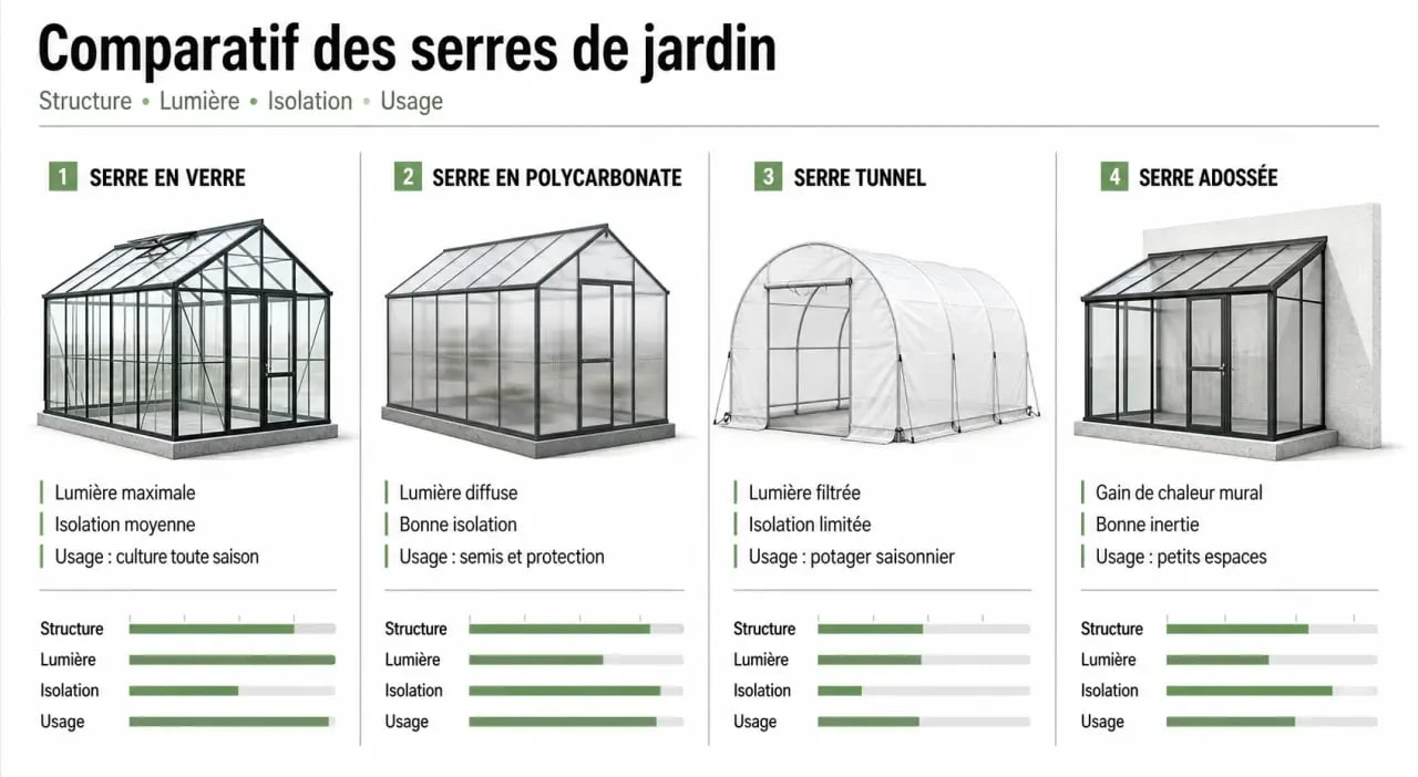Serre de jardin : comparaison visuelle des types en verre, polycarbonate, tunnel et adossée