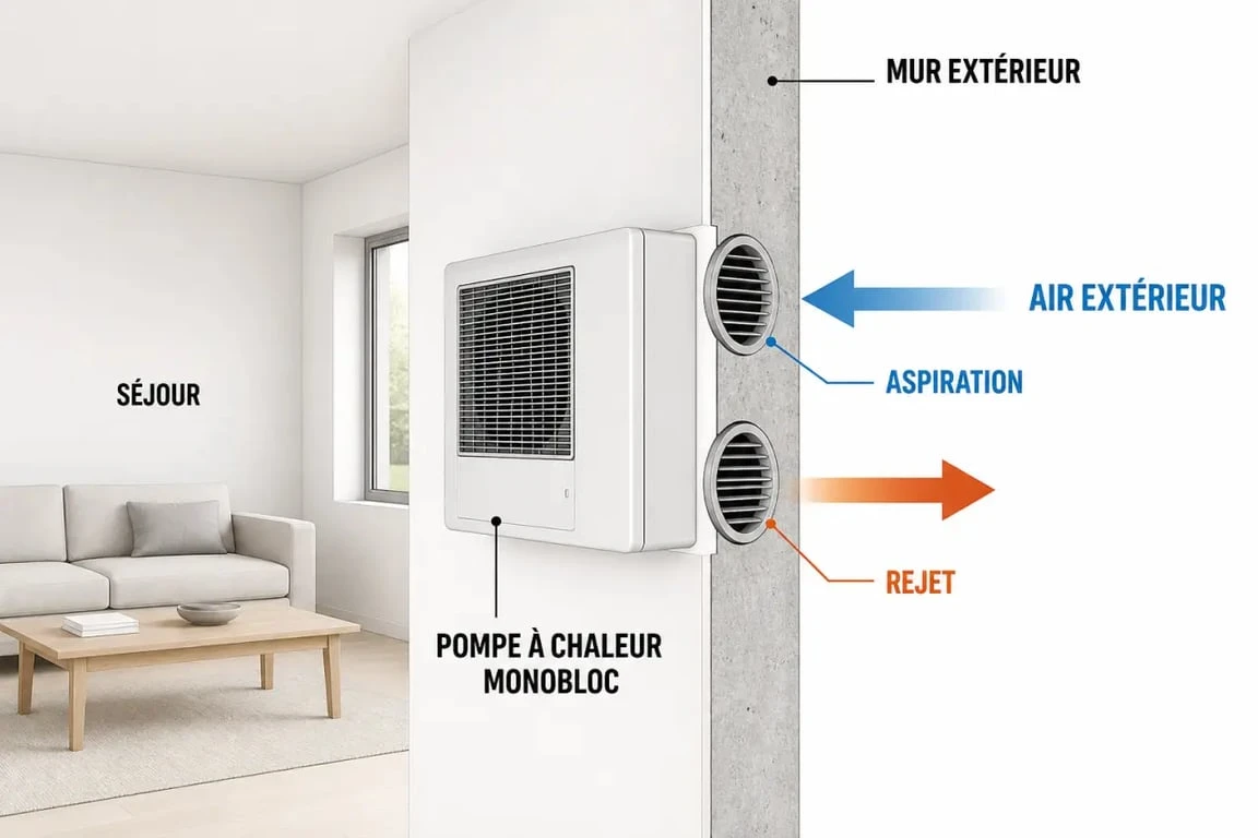 Pompe à chaleur appartement sans unité extérieure : schéma d’un modèle monobloc intérieur avec deux grilles en façade