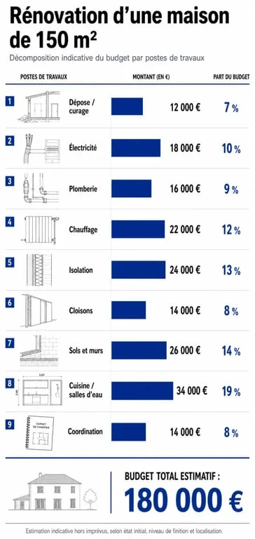 Exemple devis rénovation maison 150m2 avec répartition visuelle du budget par postes de travaux