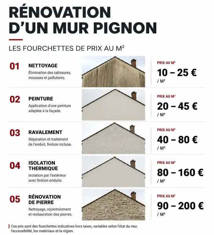 Infographie des prix moyens au m² pour la rénovation d'un mur pignon