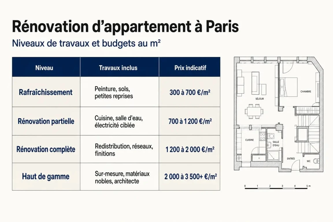 Infographie rénovation appartement Paris 2025 devis en ligne avec repères de prix par niveau de travaux