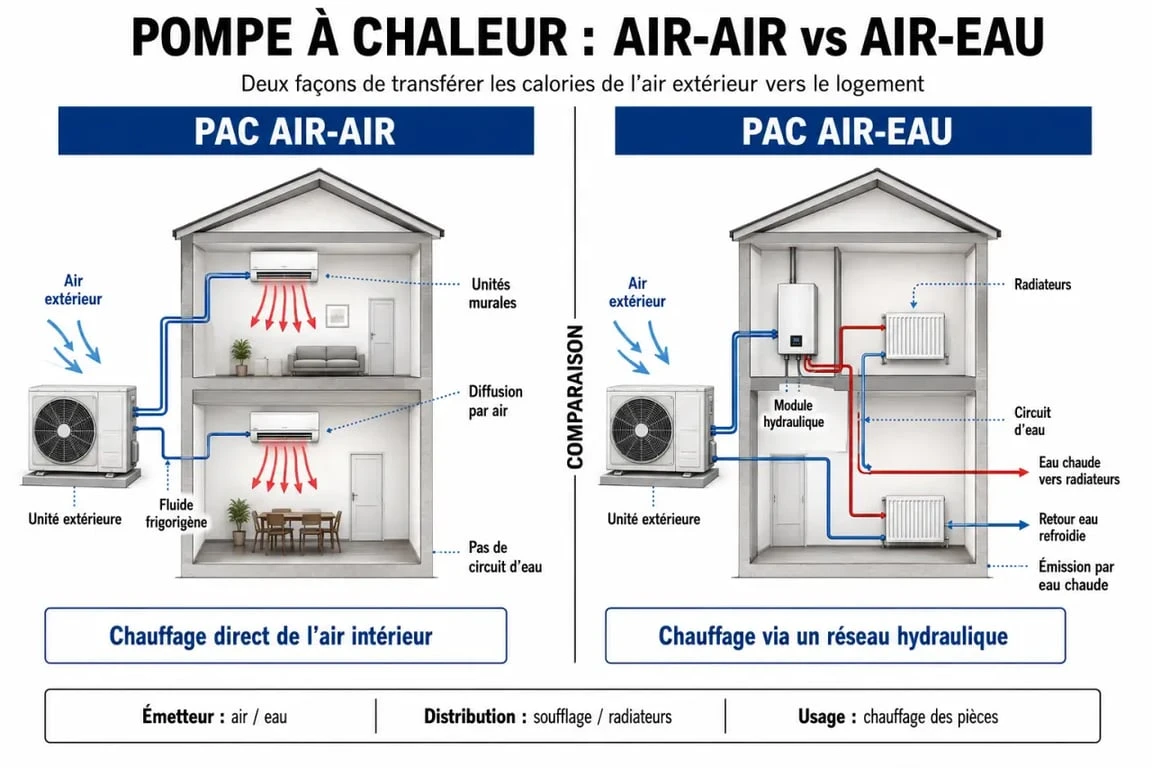 Schéma comparatif des systèmes de pompe à chaleur air-air et air-eau pour installer une pompe à chaleur