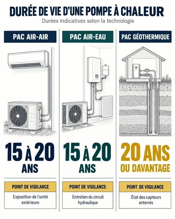 Infographie sur la durée de vie d'une pompe à chaleur selon son type