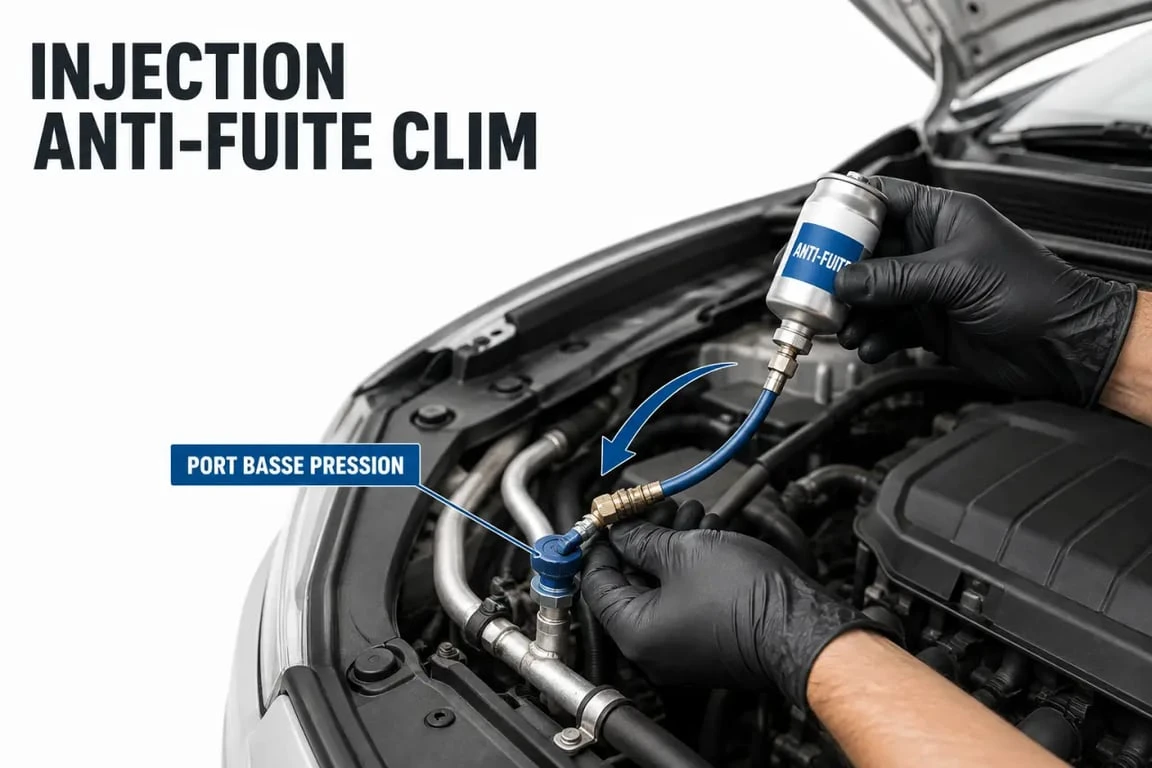 Anti fuite climatisation : injection du produit sur le port basse pression d’une voiture