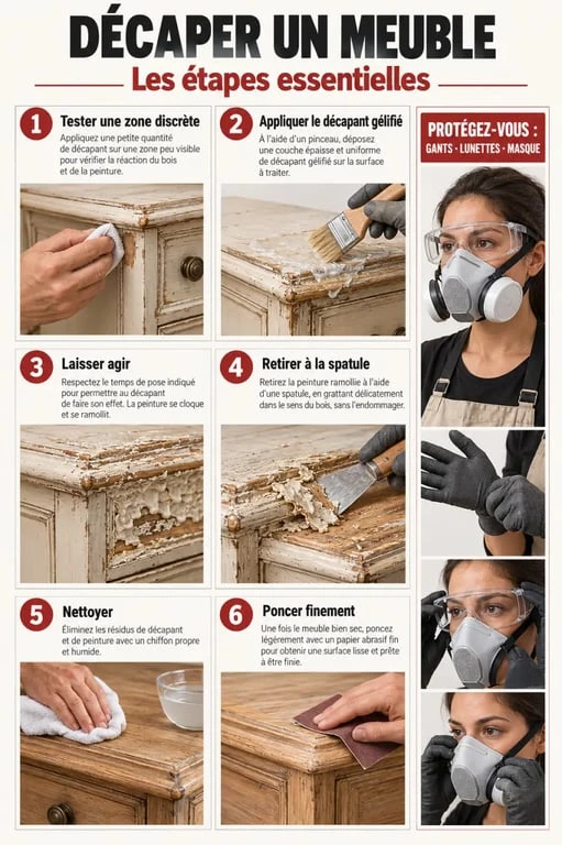 Décapage de peinture sur bois en plusieurs étapes avec protection et ponçage
