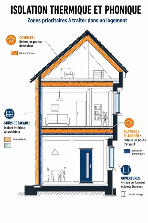 Isolation thermique et phonique : zones prioritaires et matériaux selon la paroi