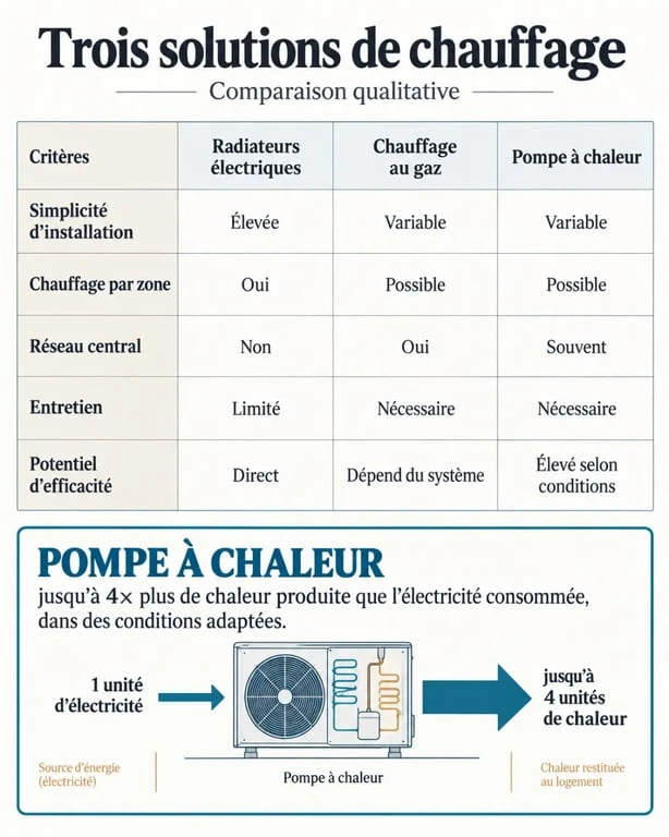 Comparaison des solutions d’électricité chauffage, de gaz et de pompe à chaleur