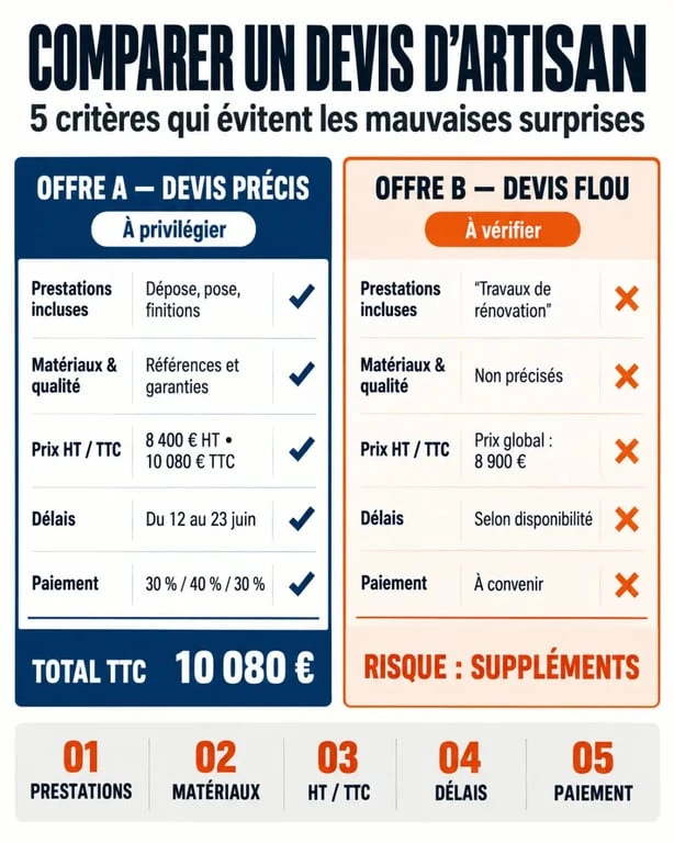 Infographie pour comparer un devis pour artisans selon les prestations, matériaux, prix, délais et paiement