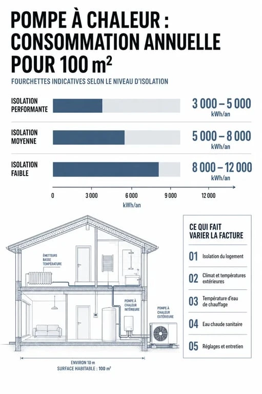 Consommation pompe à chaleur maison 100m2 : fourchettes de kWh et principaux facteurs de variation