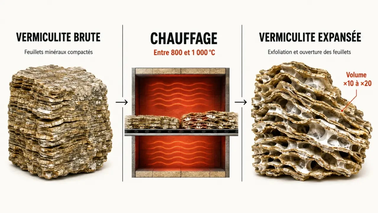 Schéma de l’expansion de la vermiculite utilisée comme isolant