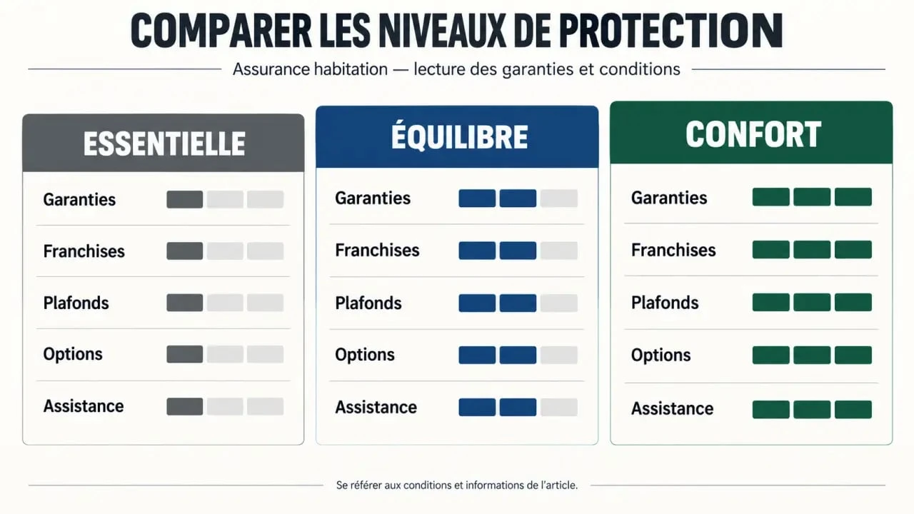 Assurance habitation MMA : comparaison visuelle des formules Essentielle, Équilibre et Confort