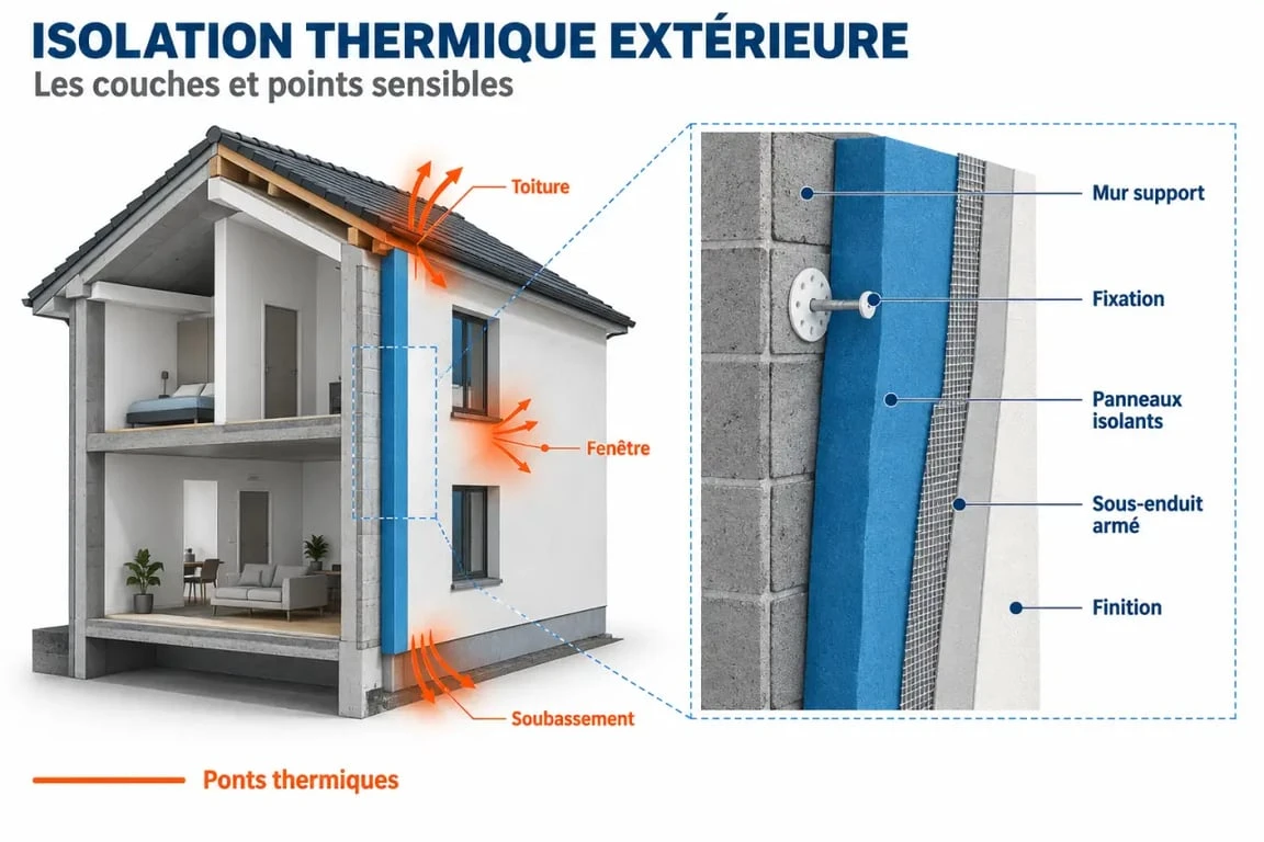 Schéma d’isolation thermique extérieure à Anglet avec couches isolantes et traitement des ponts thermiques