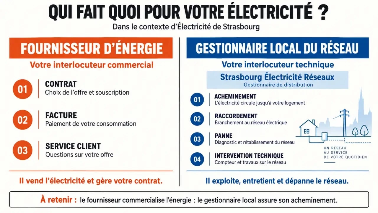 Infographie sur Électricité de Strasbourg et la différence entre fournisseur d’énergie et gestionnaire de réseau