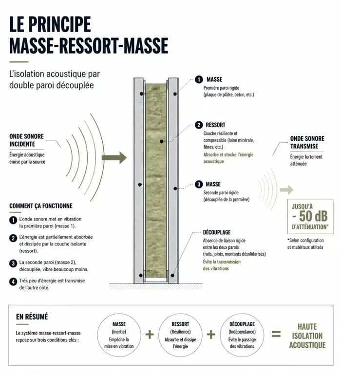 Schéma du principe masse-ressort-masse pour l'isolation acoustique d'une cloison