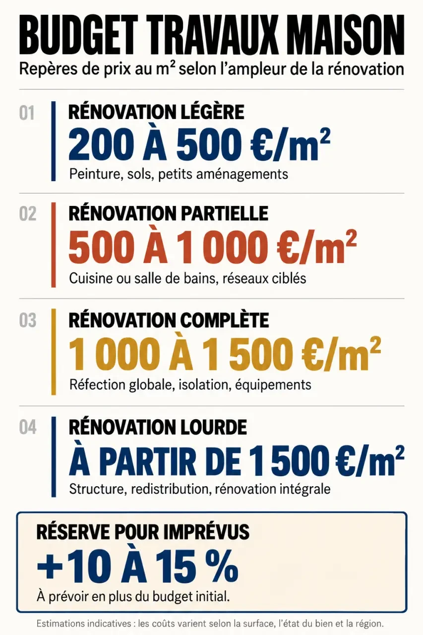 Infographie du budget travaux maison selon le niveau de rénovation et le prix au m²