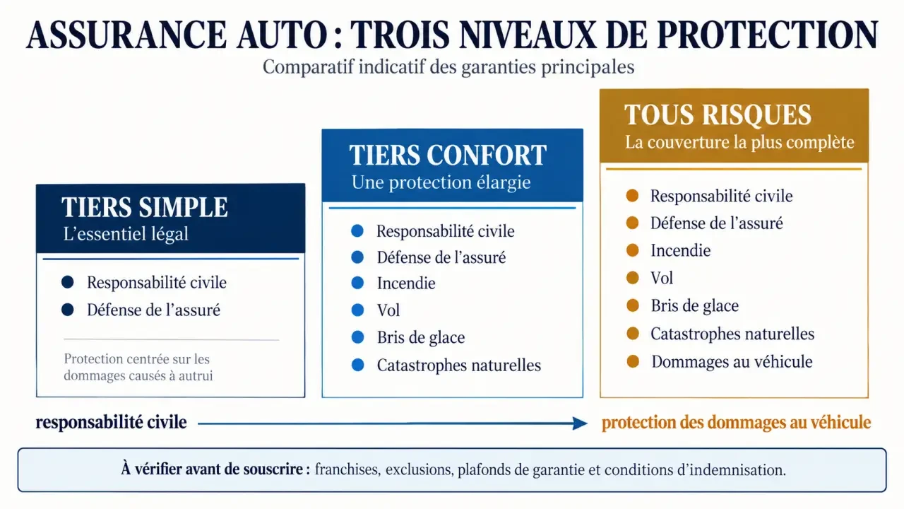 Active assurance auto : comparaison visuelle des formules Tiers Simple, Tiers Confort et Tous Risques
