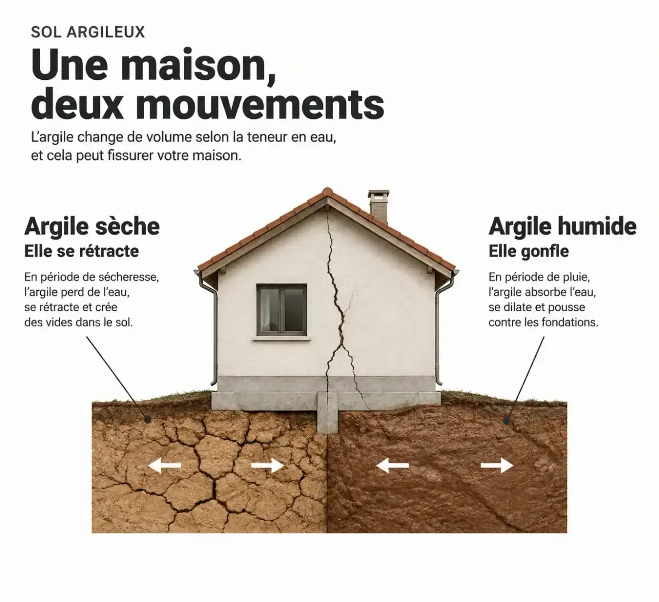 Schéma du retrait-gonflement des argiles expliquant pourquoi une étude de sol est nécessaire