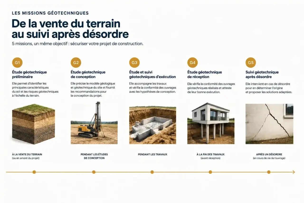 Frise des missions G1 à G5 d'une étude de sol, de la vente du terrain au diagnostic après désordre