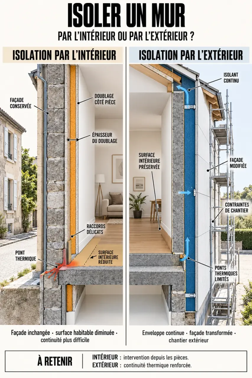 Isolation thermique intérieur et extérieur : comparaison des contraintes, de la surface et des ponts thermiques